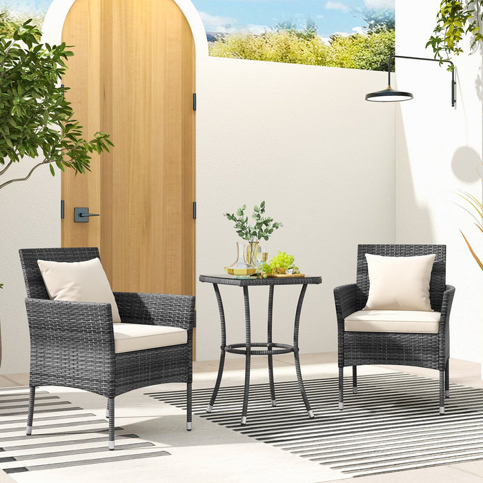 3-Piece Patio PE Wicker Conversation Bistro Set with Tempered Glass Tabletop-