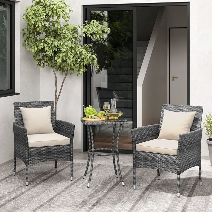 3-Piece Patio PE Wicker Conversation Bistro Set with Tempered Glass Tabletop-