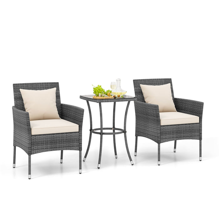 3-Piece Patio PE Wicker Conversation Bistro Set with Tempered Glass Tabletop-