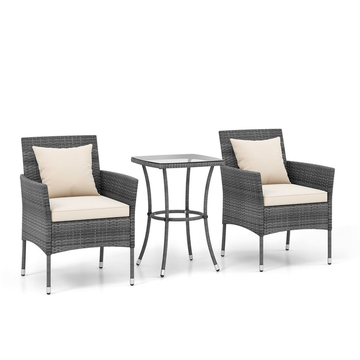 3-Piece Patio PE Wicker Conversation Bistro Set with Tempered Glass Tabletop-