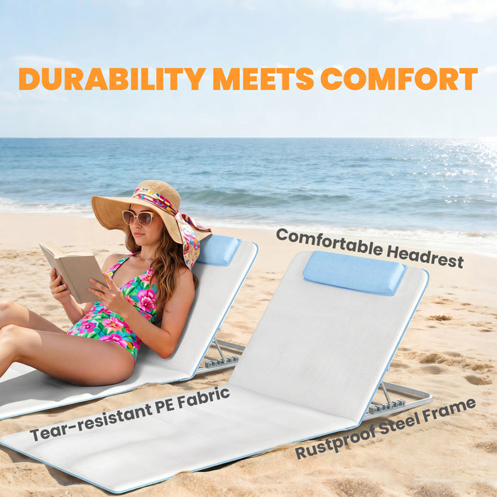 Outsunny Set of 2 Foldable Garden Beach Chair Mat, Lightweight Outdoor Sun Lounger Seats with Adjustable Back, Metal Frame, PE Fabric Head Pillow and Carry Bag, Cream White