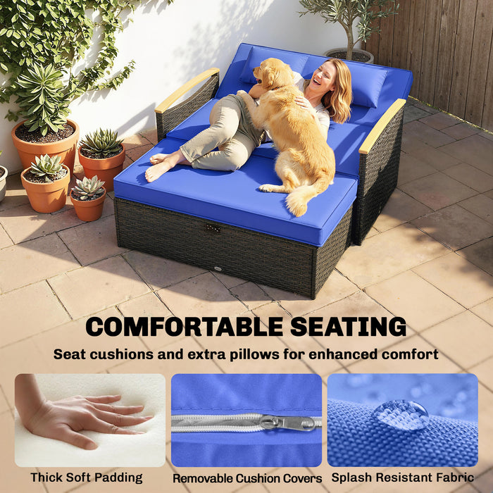 Outsunny Double Garden Rattan Daybed, Wicker Sun Bed Chaise Lounger with Storage Ottoman, 4-Level Adjustable Backrest, Brown