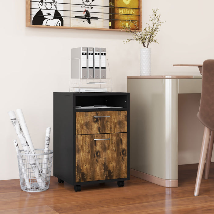 HOMCOM 60cm Storage Cabinet with Drawer, Open Shelf, Metal Handles and 4 Wheels, Office Home Organiser Mobile Printer, Rustic Brown