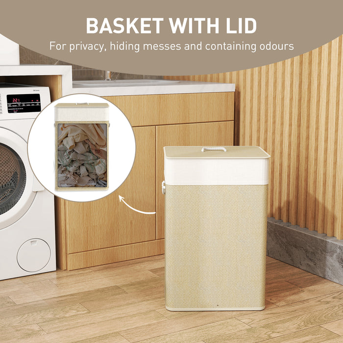 HOMCOM Bamboo Laundry Basket with Lid, 72L Laundry Hamper with Rope Handles, Washing Basket with Removable Washable Liner Bag for Bathroom, Bedroom, Nature Wood Finish