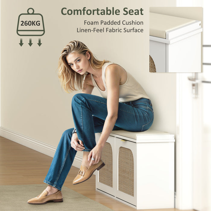 HOMCOM Boho Shoe Bench with Padded Seat and 2 Flip-Drawers - White