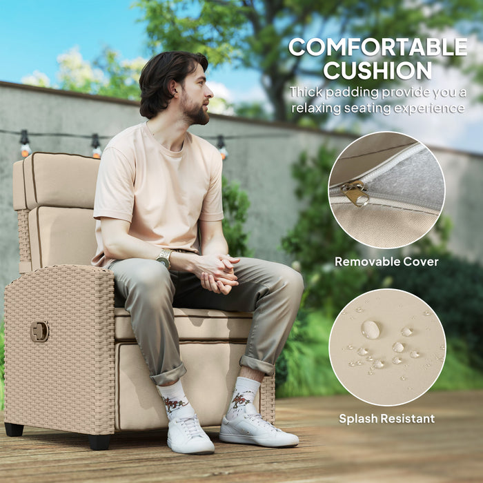 Outsunny Rattan Garden Recliner Chair, Adjustable Backrest Reclining Rattan Chair with Flip Table, Cushion and Footrest, Indoor Outdoor Lounge Reclining Sun Lounger for Patio, Yellow/Beige