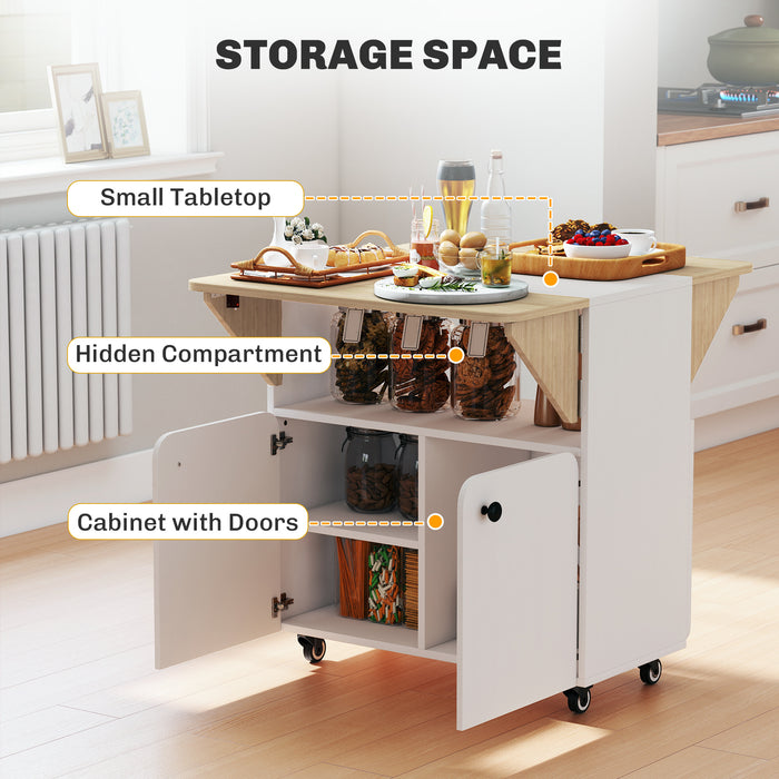 HOMCOM Folding Dining Table, Rolling Drop Leaf Table with Hidden Shelf & Cabinet for Dining Room, Small Spaces, White