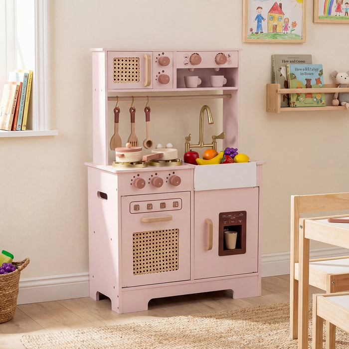 Play Kitchen for Kids Wooden Kitchen Playset with Realistic Lights and Sounds-Pink