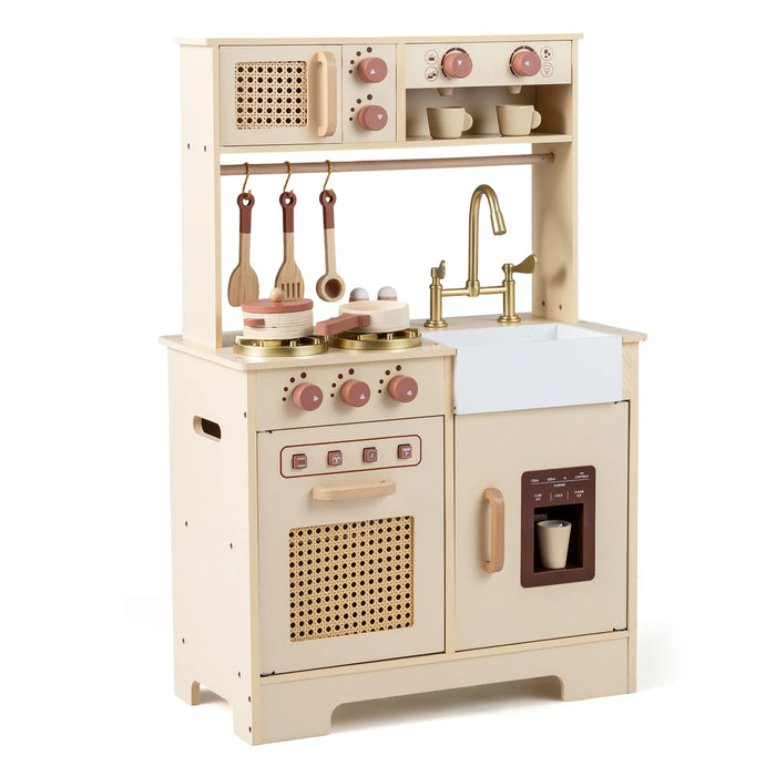 Play Kitchen for Kids Wooden Kitchen Playset with Realistic Lights and Sounds-Pink