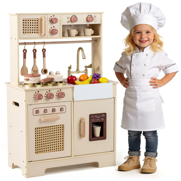 Play Kitchen for Kids Wooden Kitchen Playset with Realistic Lights and Sounds-Pink