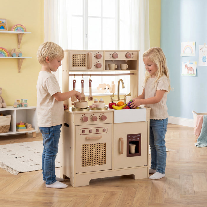 Play Kitchen for Kids Wooden Kitchen Playset with Realistic Lights and Sounds-Pink