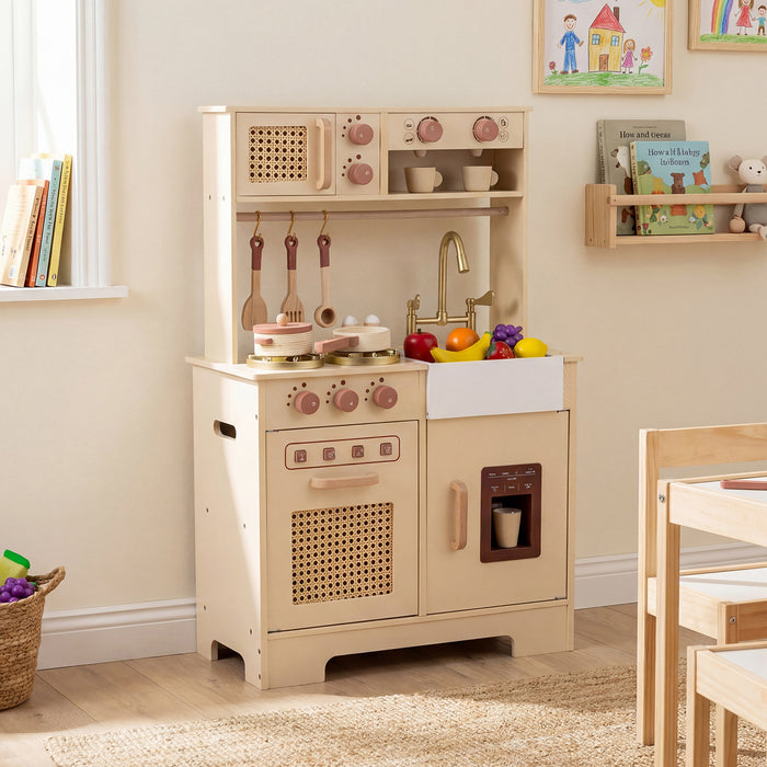 Play Kitchen for Kids Wooden Kitchen Playset with Realistic Lights and Sounds-Pink