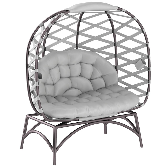 Outsunny 2 Seater Egg Chair Outdoor, Folding Weave Garden Furniture Chair with Cushion, Cup Pockets - Light Grey