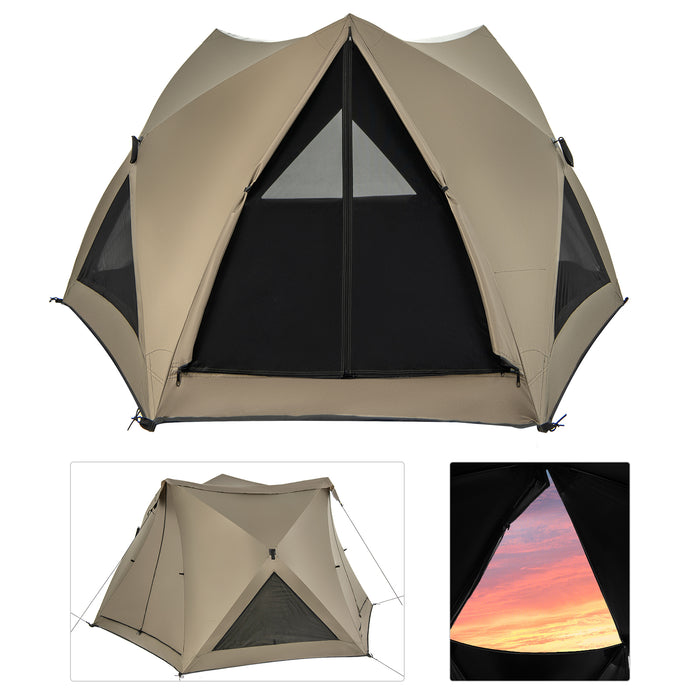Family Tent - 6-Sided, Rainfly, Skylight, 3 Doors, 3 Windows in Olive Green - Ideal for Outdoor Camping and Family Adventures