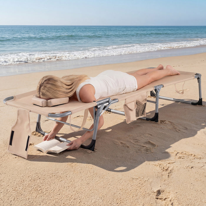 Portable Chaise Lounge Chair with 4-Position Adjustable Backrest and Face Arm Holes-Black