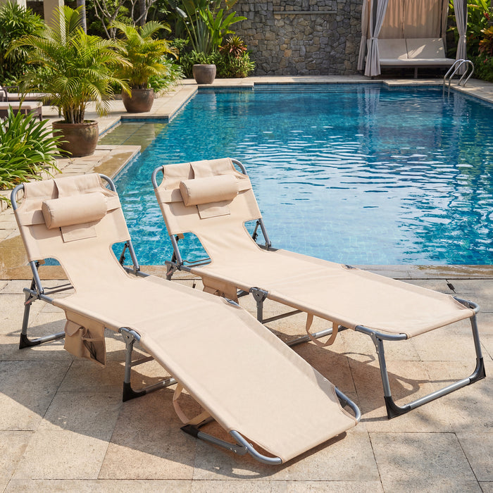 Portable Chaise Lounge Chair with 4-Position Adjustable Backrest and Face Arm Holes-Black