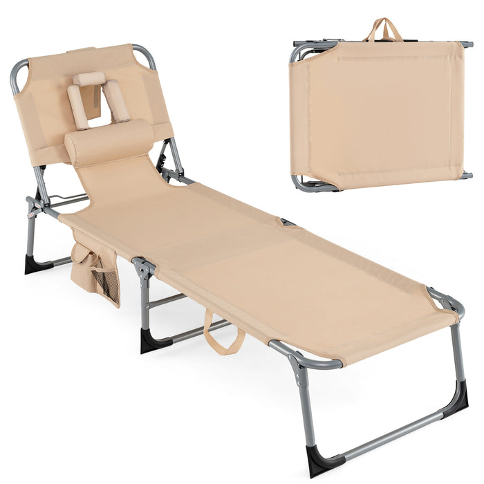 Portable Chaise Lounge Chair with 4-Position Adjustable Backrest and Face Arm Holes-Black