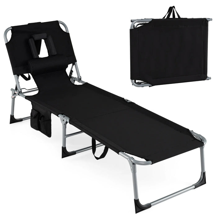 Portable Chaise Lounge Chair with 4-Position Adjustable Backrest and Face Arm Holes-Black