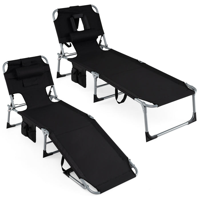Portable Chaise Lounge Chair with 4-Position Adjustable Backrest and Face Arm Holes-Black