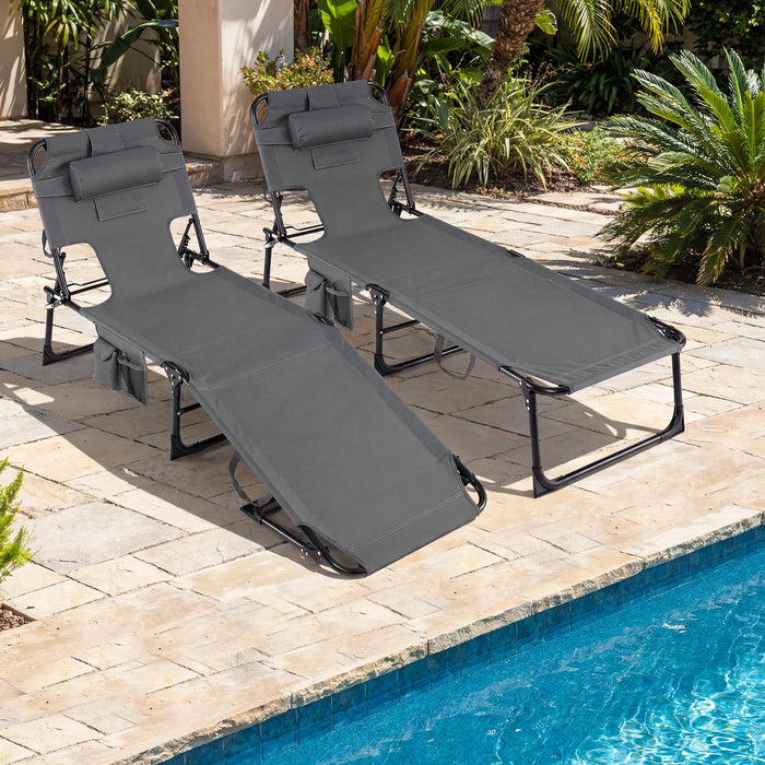 Portable Chaise Lounge Chair with 4-Position Adjustable Backrest and Face Arm Holes-Black