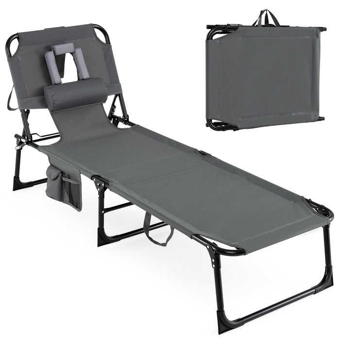 Portable Chaise Lounge Chair with 4-Position Adjustable Backrest and Face Arm Holes-Black