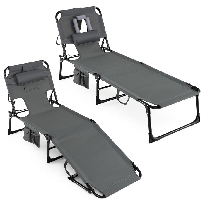 Portable Chaise Lounge Chair with 4-Position Adjustable Backrest and Face Arm Holes-Black