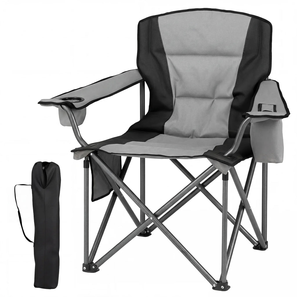 Portable Oversized Camping Chair with Zippered Cooler Pouch and Cup Holder-Grey