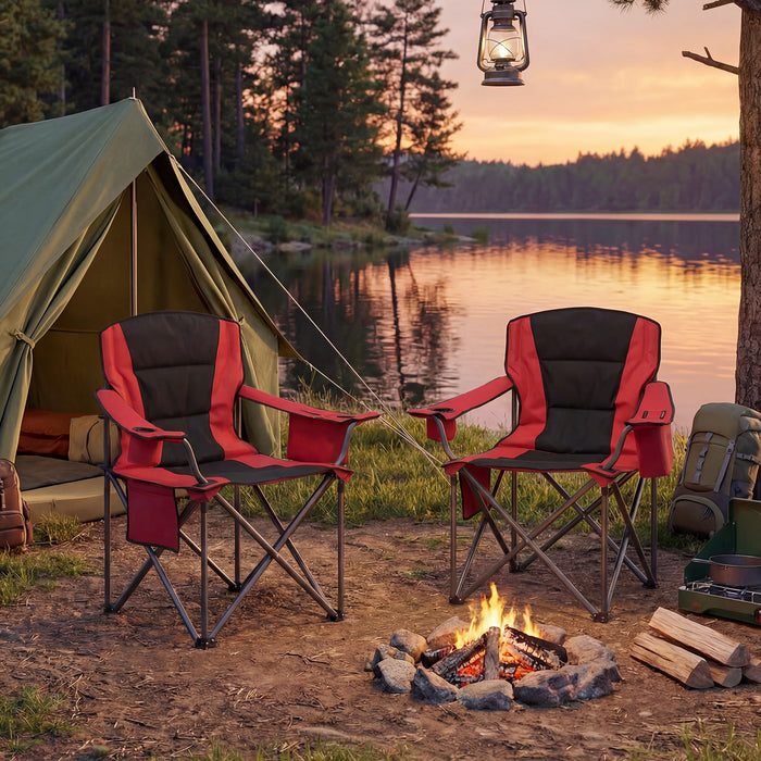 Portable Oversized Camping Chair with Zippered Cooler Pouch and Cup Holder-Grey