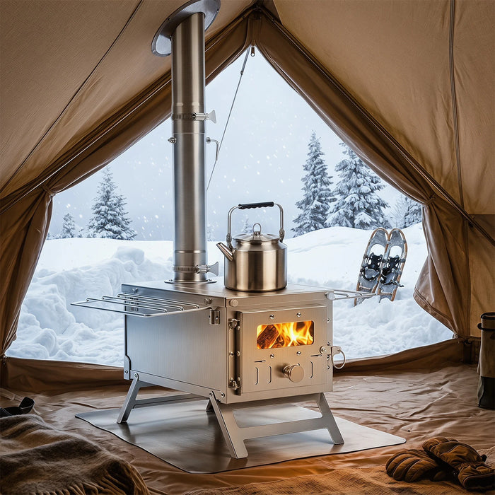 Portable Wood Burning Stove with 7 Chimney Pipes and Spark Arrestor-