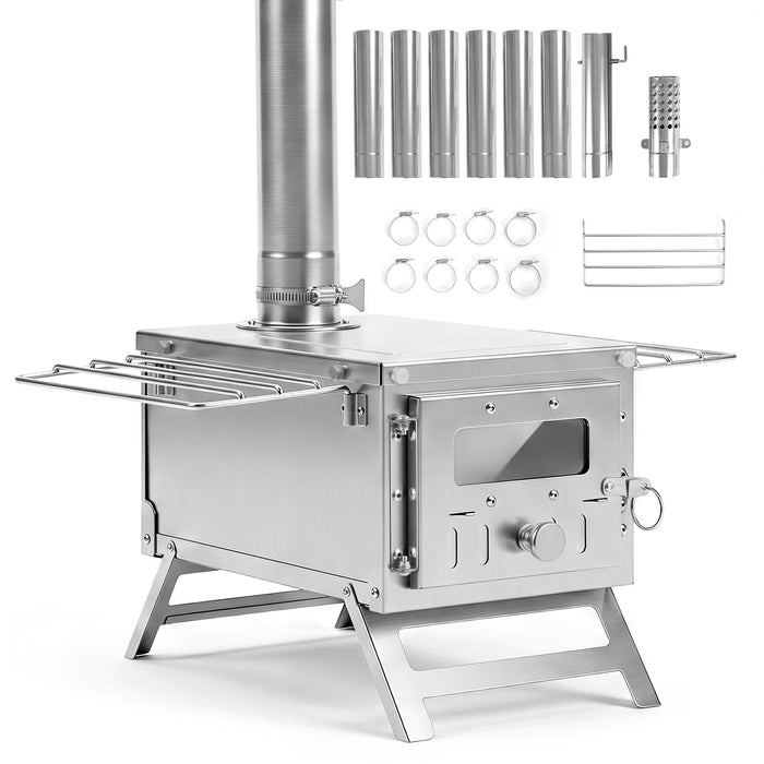 Portable Wood Burning Stove with 7 Chimney Pipes and Spark Arrestor-