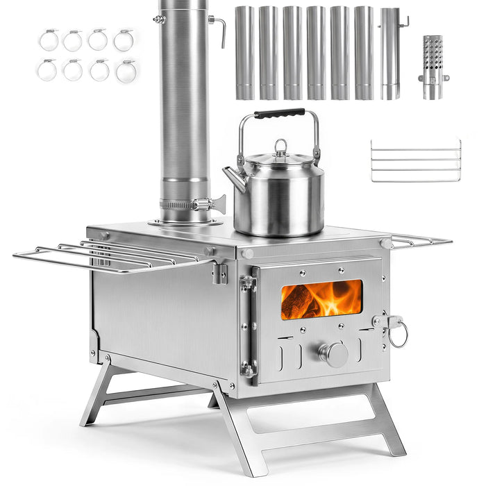 Portable Wood Burning Stove with 7 Chimney Pipes and Spark Arrestor-