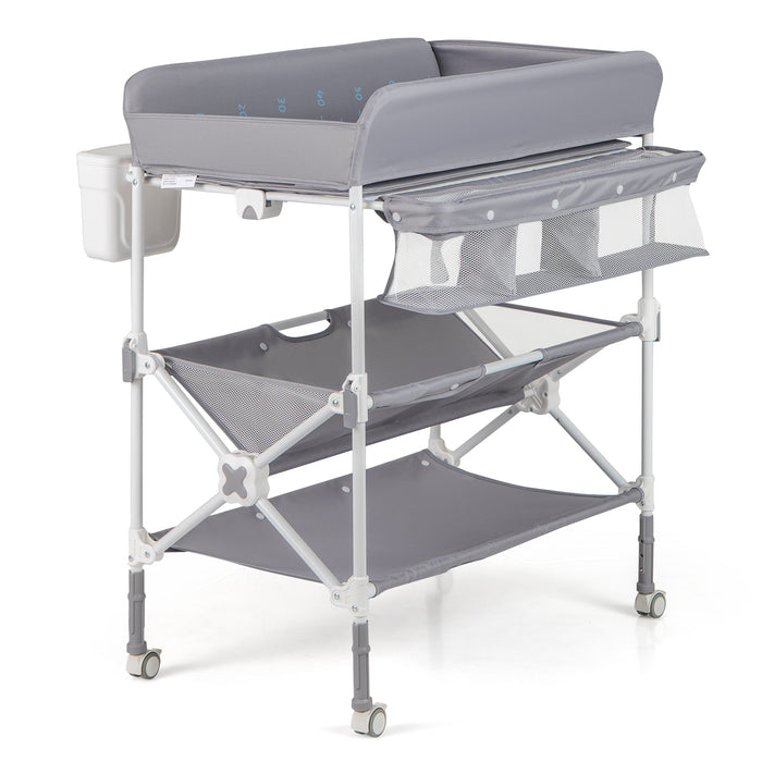 Foldable Baby Changing Table with Wheels and Adjustable Height-
