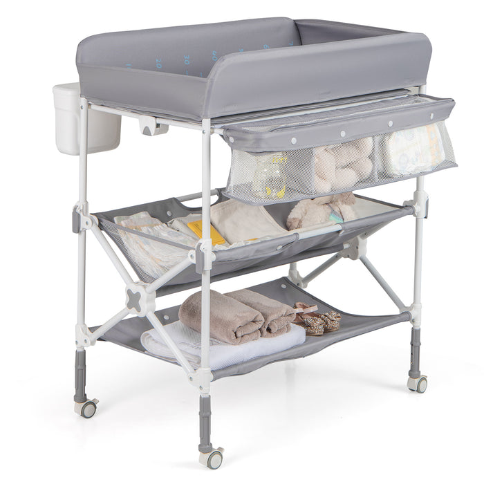 Foldable Baby Changing Table with Wheels and Adjustable Height-