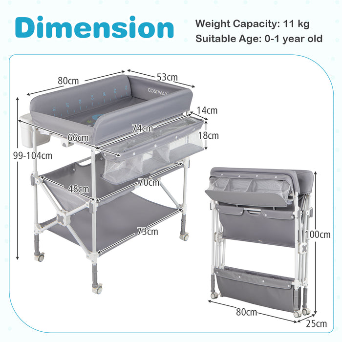 Foldable Baby Changing Table with Wheels and Adjustable Height-
