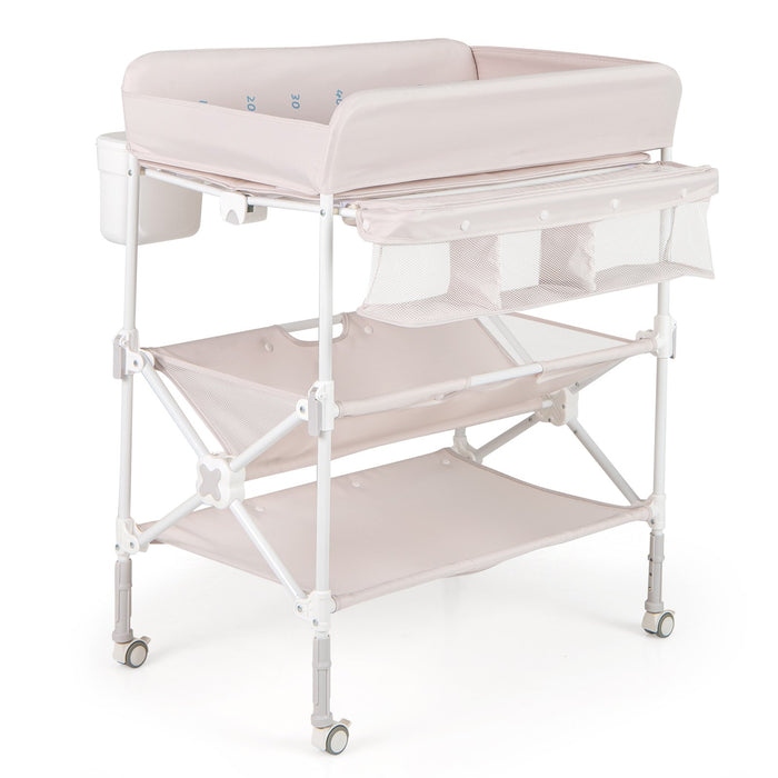 Foldable Baby Changing Table with Wheels and Adjustable Height-