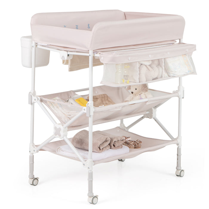 Foldable Baby Changing Table with Wheels and Adjustable Height-