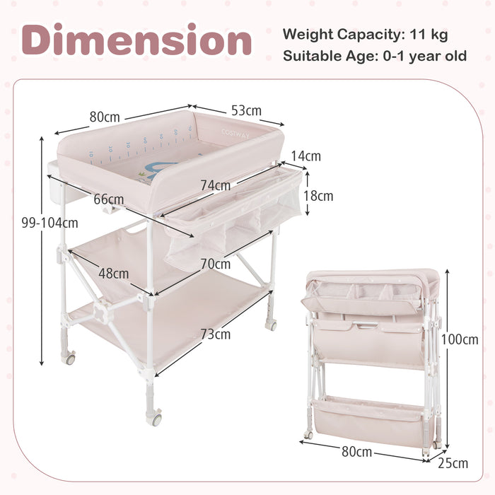 Foldable Baby Changing Table with Wheels and Adjustable Height-