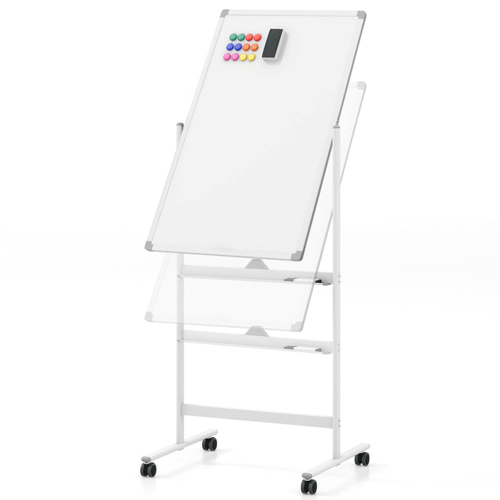 Reversible Rolling White Board with Black Markers and Board Eraser-White-