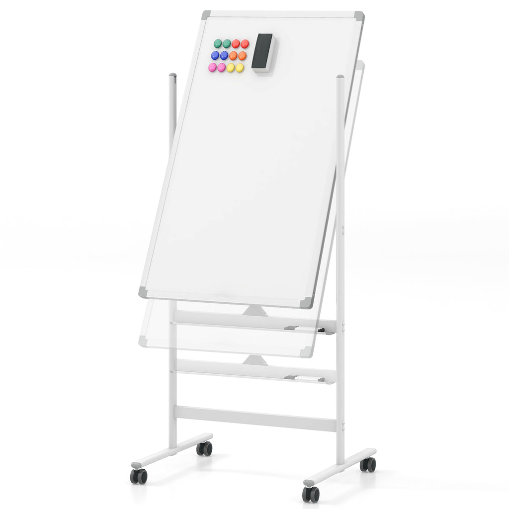 Reversible Rolling White Board with Black Markers and Board Eraser-White-