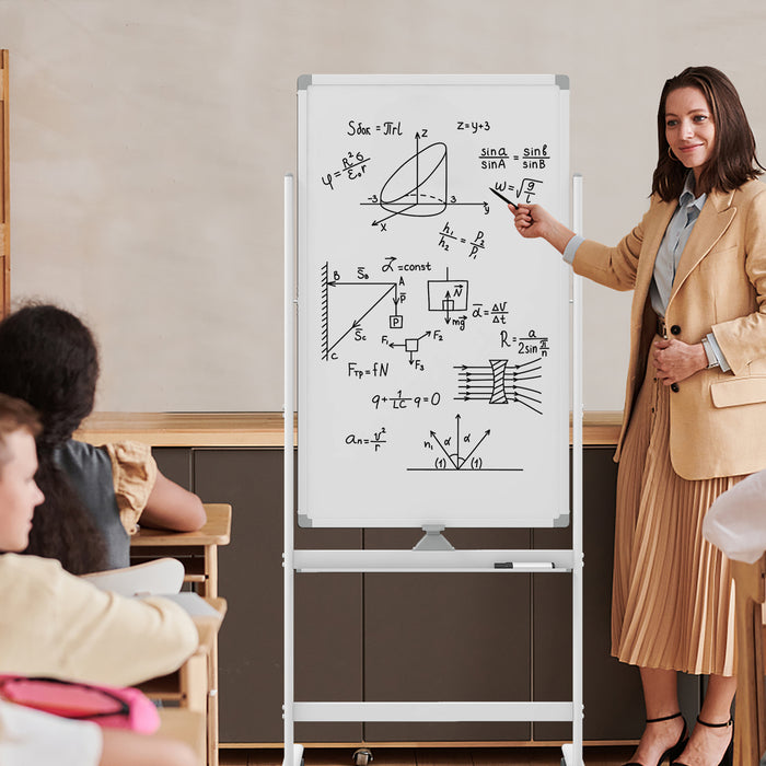 Reversible Rolling White Board with Black Markers and Board Eraser-White-