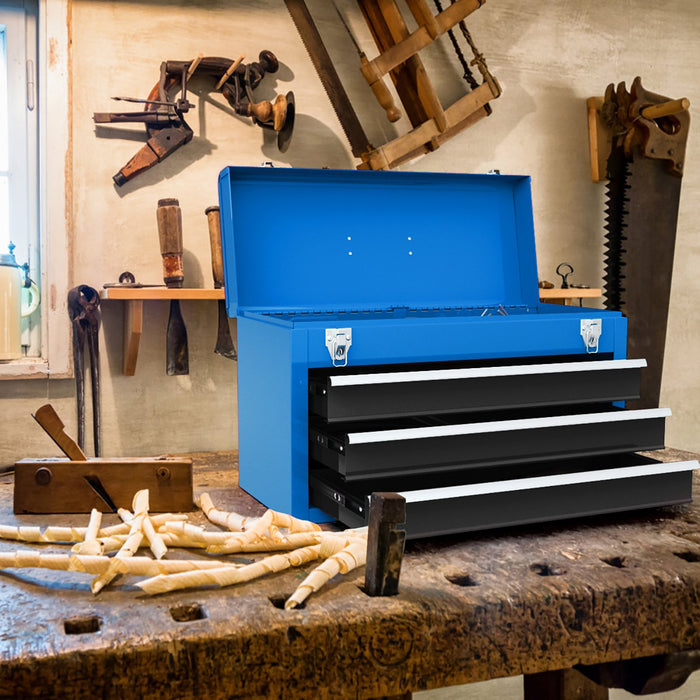 Portable Steel Tool Box with Top Storage Tray and Double Latch System-