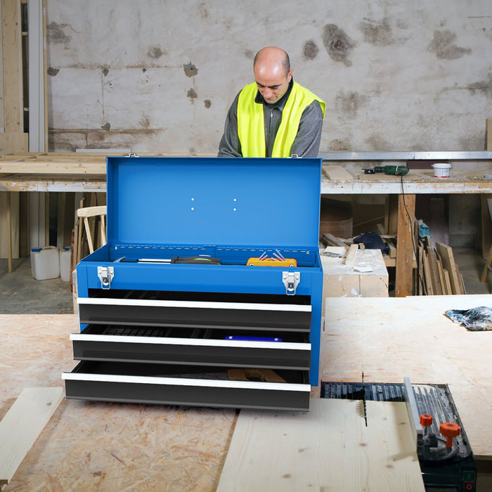 Portable Steel Tool Box with Top Storage Tray and Double Latch System-