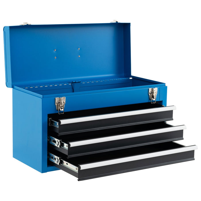 Portable Steel Tool Box with Top Storage Tray and Double Latch System-