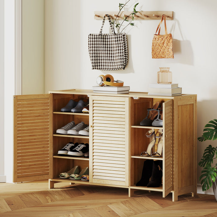 HOMCOM Bamboo Shoe Cabinet with Louvered Doors, 18 Pairs Shoe Storage Cabinet with Adjustable Shelves for Hallway, Natural