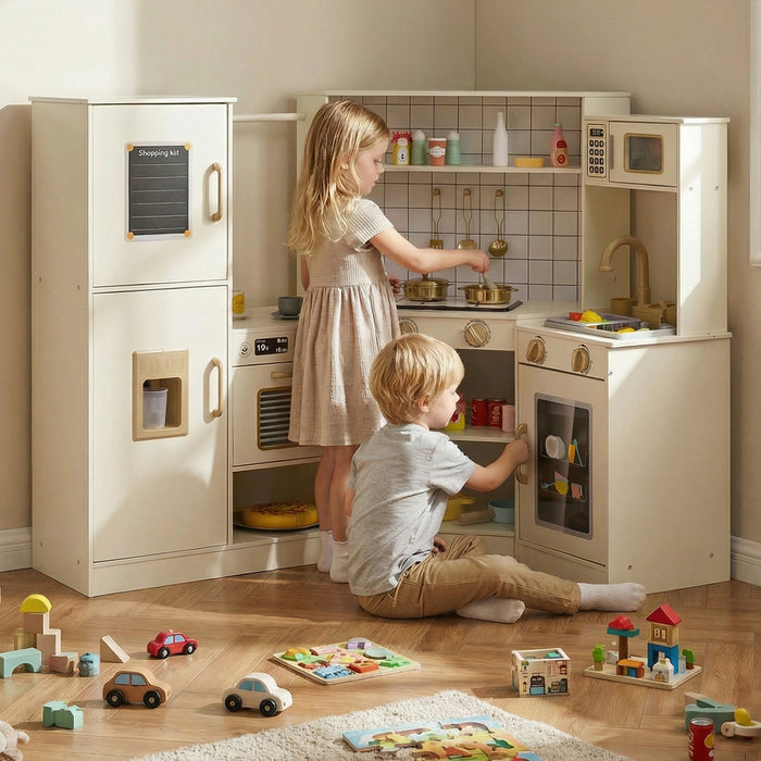 Pretend Play Corner Kitchen Set with Ice Dispenser Stoves for Boys Girls 3+-
