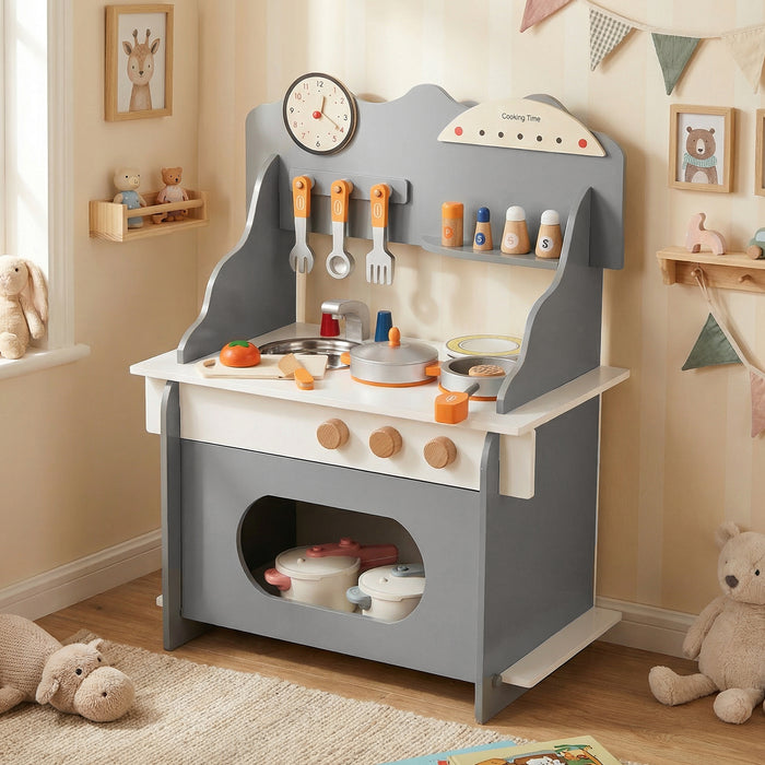 Pretend Play Toy Kitchen Set with Clock Stove Spice Rack for Aged 3+-