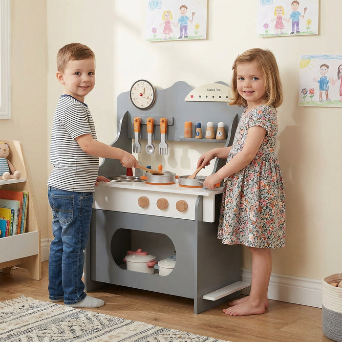 Pretend Play Toy Kitchen Set with Clock Stove Spice Rack for Aged 3+-