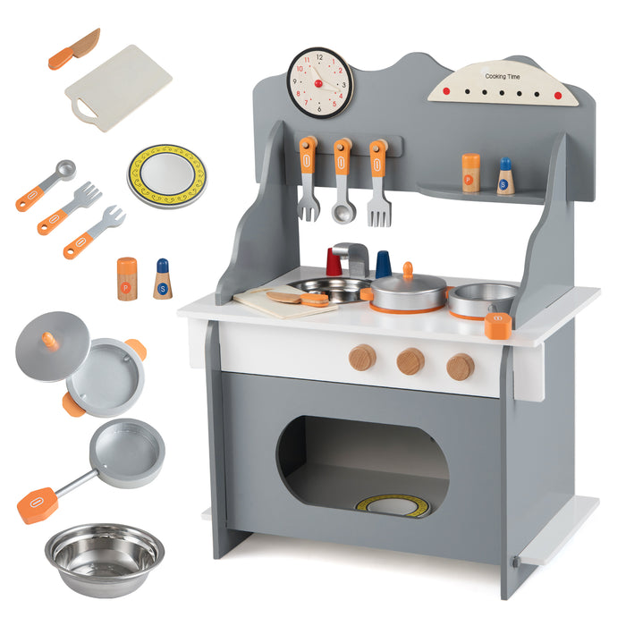 Pretend Play Toy Kitchen Set with Clock Stove Spice Rack for Aged 3+-