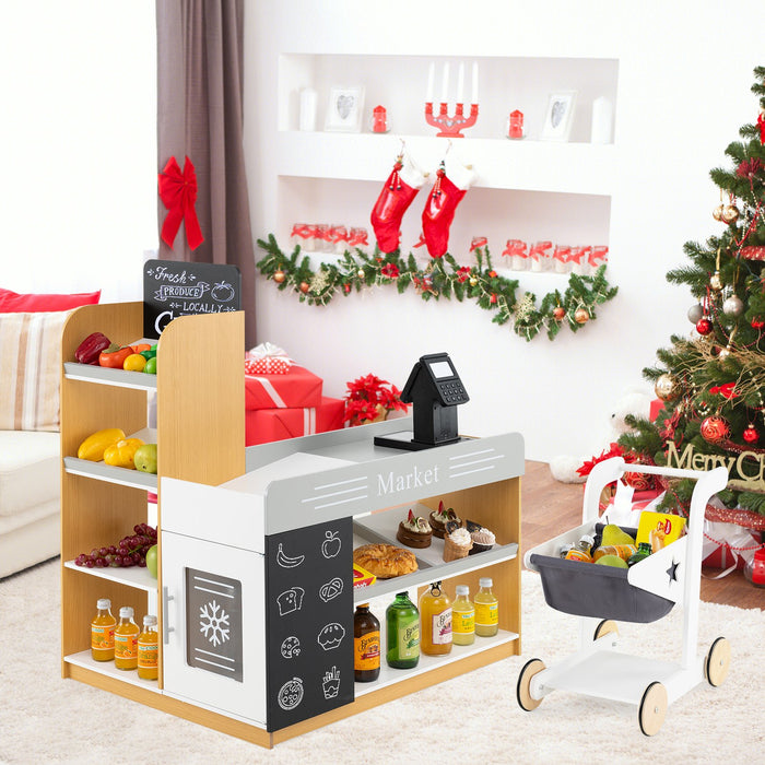 Pretend Play Grocery Store Set with Shopping Cart and 2 Chalkboards-