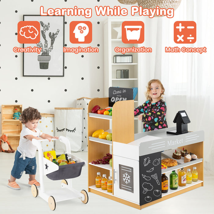 Pretend Play Grocery Store Set with Shopping Cart and 2 Chalkboards-